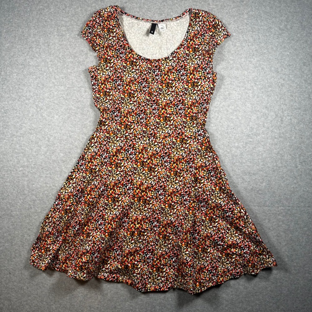 H&M Divided Women Orange Red Ditsy Floral Fit Flare Skater Dress Size 6